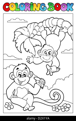 Coloriage avec deux singes - illustration thématique. Banque D'Images