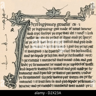 Partie d'une page du manuscrit de la Bible de Wycliffe. John Wycliffe, également orthographié Wyclif, Wycliff, Wiclef, Wicliffe, Wickliffe, 1320 - 1384. Éditions Scholastic anglais philosophe, théologien, traducteur de la Bible, réformateur, et le séminaire professeur à Oxford. À partir d'un premier livre de l'histoire britannique publié en 1925. Banque D'Images