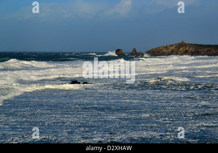 Forte houle sur le point Percho Port Blanc (plage), côte sauvage de la presqu'île de Quiberon (Bretagne, France). Banque D'Images