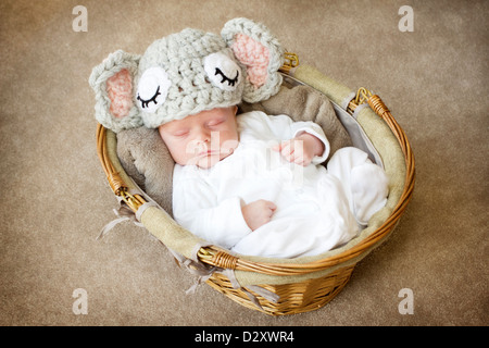Très jolie photo d'un bébé nouveau-né garçon endormi dans un panier. Il porte un chapeau de l'éléphant au crochet. Parfait pour des affiches et cartes Banque D'Images