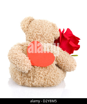 Photo de beautiful soft toy isolé sur fond blanc, verso d'ours holding red roses frais et carte en forme de coeur Banque D'Images