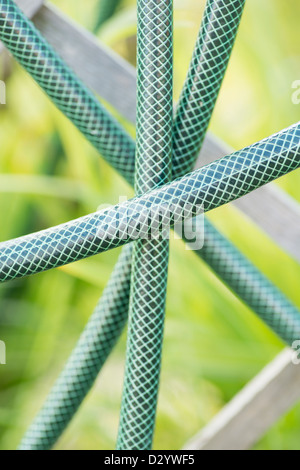 Détail de tuyau de jardin vert utilisé pour l'arrosage de jardin Banque D'Images