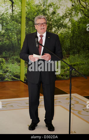 Berlin, 5 février 2013. Le ministre allemand des finances, Wolfgang Schaeuble donne à l'organisme de bienfaisance de timbres pour le président fédéral allemand Joachim Gauck. Le président fédéral allemand Joachim Gauck s'inscrit dans la tradition de tous ses prédécesseurs et prend en charge le patronage de l'organisme de bienfaisance des timbres. Joachim Gauck reçoit les premières éditions de l'organisme de bienfaisance des timbres en 2013 par le ministre des Finances à l'château de Bellevue à Berlin. Banque D'Images