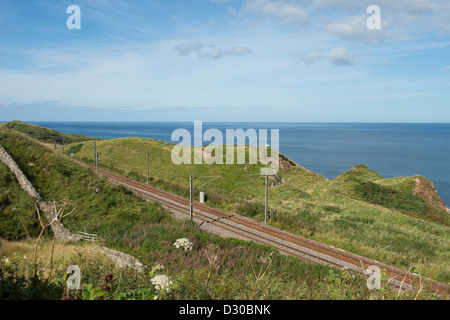 La voie de chemin de fer vide sur l'East Coast Main Line longeant la côte du nord de l'Angleterre. Banque D'Images