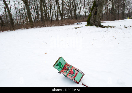 La nidification des oiseaux peints colorés tombés fort se coucher sur la neige en hiver. Banque D'Images