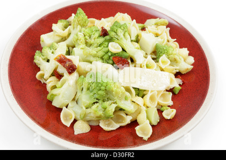 Un Italien-style romanesco et repas de pâtes, cuites avec des morceaux de tomates séchées et surmonté d'éclats de parmesan. Banque D'Images