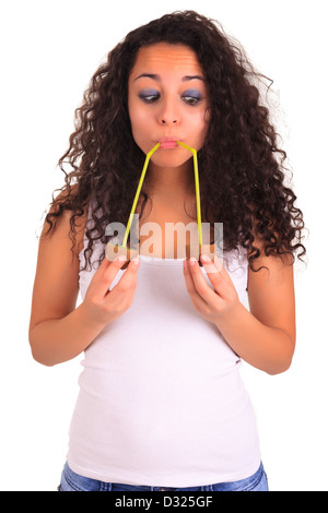 Jeune femme tenant des fruits. Isolated over white Banque D'Images