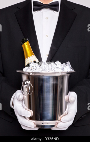 Waiter holding un vin avec une bouteille de champagne sur la glace Banque D'Images