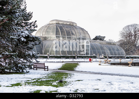 Le Palm House - serre couverte de neige en hiver à Kew Gardens, London, UK Banque D'Images