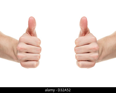 Homme adulte mains montre Thumbs up, isolated on white Banque D'Images