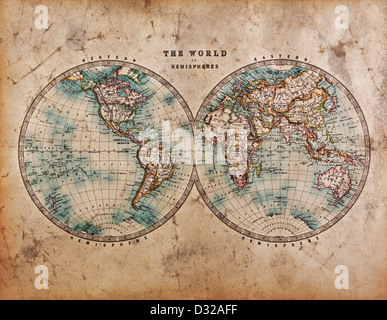 Une véritable carte du monde de vitraux anciens, datant du milieu des années 1800, montrant l'Hémisphère Occidentale et Orientale avec coloration à la main. Banque D'Images