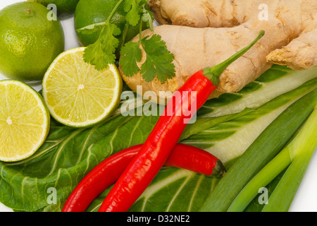 Close up of lime, pak-choï, piment, oignons de printemps, gingembre et coriandre Banque D'Images