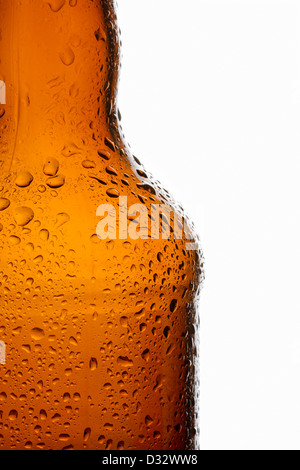 Les gouttelettes d'eau sur la bouteille de bière brune transparente réfrigérée Banque D'Images