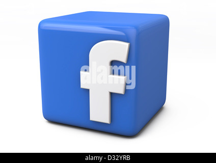 Logo de facebook représenté sous la forme d'un cube bleu avec une lettre f blanc - fond blanc image concept Banque D'Images