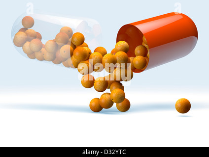 Vitamine C - concept tridimensionnel de rendu d'une pilule / capsule avec de minuscules oranges qui débordent Banque D'Images