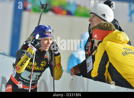 Nove Mesto, République tchèque. 7 février 2013. Miriam Gössner d'Allemagne réagit après le relais mixte aux Championnats du monde de Biathlon 2013 à Nove Mesto, en République tchèque, 07 février 2013. Photo : Martin Schutt/apd/ Alamy Live News Banque D'Images