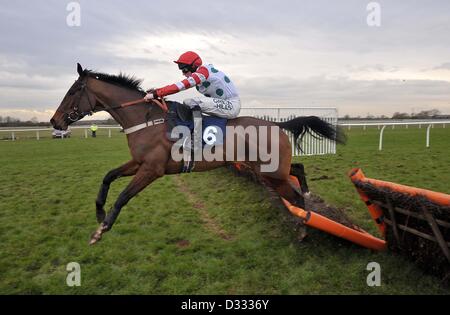 Huntingdon Race Course. Le Cambridgeshire. 7 février 2013. CHRIS gagnant vert pois monté par Joshua Moore saute la dernière clôture. La race 4. Obstacle mineur 32Red (pour le Trophée Chatteris Fen). Fen Chatteris journée de course.. Credit : Sport en images / Alamy Live News Banque D'Images