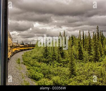 28 juin 2012 - L'Arrondissement de Denali, Alaska, États-Unis - un train de voyageurs Alaska Railroad avec wagons d'un dôme en verre, ce qui permet aux voyageurs d'une vue sur la forêt boréale dominée par Evergreen, traverse la réserve naturelle vierge entre le Parc National Denali et Cantwell. (Crédit Image : © Arnold Drapkin/ZUMAPRESS.com) Banque D'Images