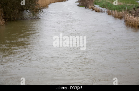 L'inondation sur la rivière Deben près de Naunton Hall weir, Sewen, Suffolk, Angleterre, fin décembre 2012 montrant courant dans la plus rapide Banque D'Images