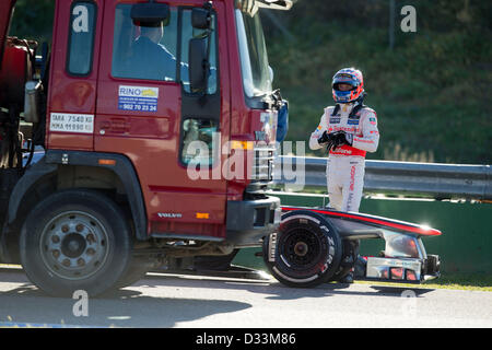 Sport Automobile : Championnat du Monde de Formule 1 de la FIA 2013, F1 Test Jerez, # 3 Jenson Button (GBR, Vodafone McLaren Mercedes) arrêtés sur la voie Banque D'Images