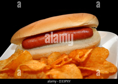 Hotdog ordinaire sur une assiette avec des frites Banque D'Images