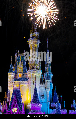 Disney World Château la nuit avec des lumières et des feux d'artifice Banque D'Images