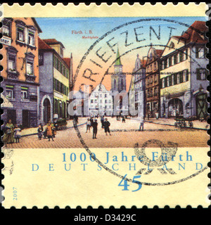 Allemagne - circa 2007 : timbre imprimé en République fédérale allemande montre la place de marché, Furth, vers 2007 Banque D'Images