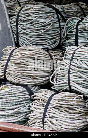 Location de bateaux de pêche commerciale et dans le port, Homer, Alaska, USA. Détail de cordes et le gréement. Banque D'Images