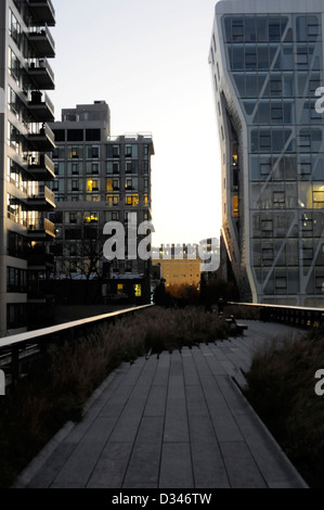 Fondée en 1999 par des résidents la ligne haute est un parc public construit sur un lieu historique du transport ferroviaire au-dessus de Manhattan, côté ouest. Banque D'Images