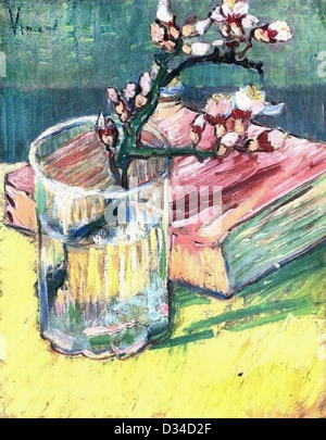 Vincent van Gogh : Blossoming Almond Branch dans un verre avec un livre. 1888. Huile sur toile. Collection privée, Japon. Banque D'Images