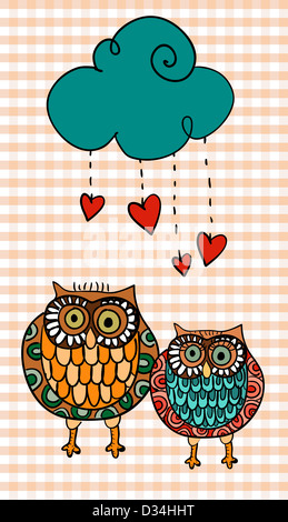 Saint-valentin couple hiboux dans l'amour sous la pluie coeurs. Couches d'illustration vectorielle pour une manipulation facile et coloris. Banque D'Images