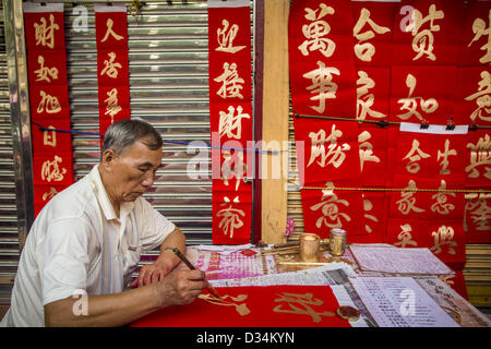 Bangkok, Thaïlande. 9 février 2013. Un artiste calligraphie Nouvelle ans bonjour pour les personnes dans le quartier chinois à Bangkok. Bangkok a une grande population d'émigrants chinois, dont la plupart se sont installés en Thaïlande au xviiie et xixe siècles. Le chinois, ou Nouvel An lunaire, est célébrée avec des feux d'artifice et défilés dans les communautés chinoises à travers la Thaïlande. L'année à venir sera la ''année du serpent'' dans le zodiaque chinois. (Crédit Image : Crédit : Jack Kurtz/ZUMAPRESS.com/Alamy Live News) Banque D'Images