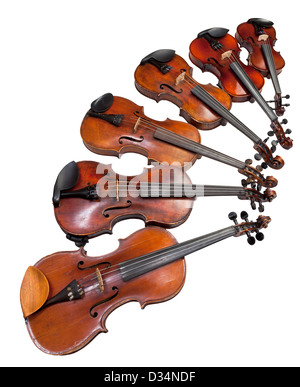 Six tailles de violons isolé sur fond blanc Banque D'Images
