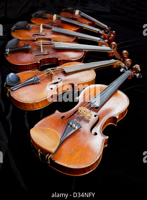 Différentes tailles de violons avec fond noir close up Banque D'Images