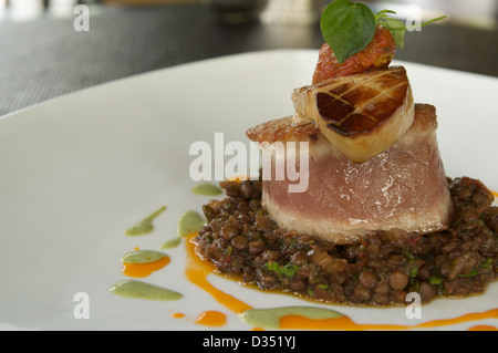 Thon poêlé avec foie gras poêlé, chutney de tomates et lentilles du Puy aux épices servi sur une plaque blanche. Banque D'Images