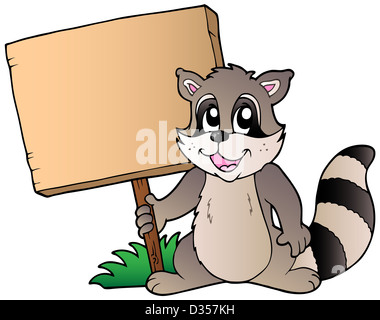 Cartoon racoon holding wooden board - illustration isolé. Banque D'Images