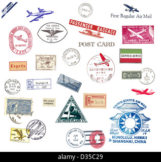 Vintage timbres et étiquettes de par avion de partout dans le monde Banque D'Images
