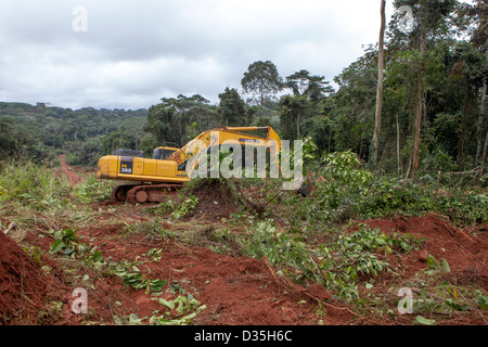 CONGO, le 27 septembre 2012 : un conducteur de bulldozer chinois société Sinohydro coupe un chemin à travers la forêt pour une nouvelle route bitumée. Banque D'Images