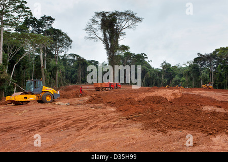 CONGO, le 27 septembre 2012 : un conducteur de bulldozer chinois société Sinohydro coupe un chemin à travers la forêt pour une nouvelle route bitumée. Banque D'Images