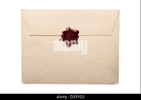 Enveloppe ancienne ferme avec un scellement cire rouge Banque D'Images
