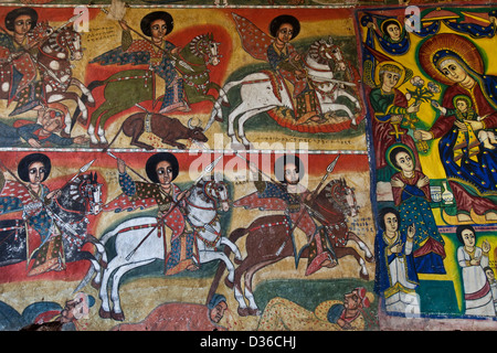 Des peintures murales colorées, Ura Kidane Mihret Monastère, Lac Tana, Bahir Dar, Ethiopie Banque D'Images