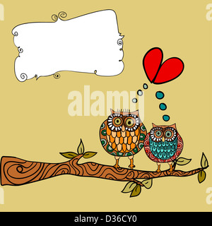 Belle saint valentin couple chouette carte de voeux arbre branche en arrière-plan. Couches d'illustration vectorielle pour une manipulation facile et coloris. Banque D'Images