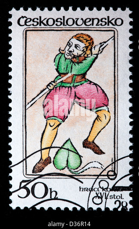 Valet de Pique, vintage playing card, timbre-poste, la Tchécoslovaquie, 1984 Banque D'Images