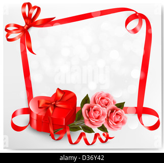 Maison de vacances avec fond en forme de cœur rouge boîte-cadeau et des fleurs. Arrière-plan de la Saint-Valentin. Banque D'Images