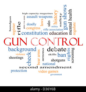 Le contrôle des armes à feu mot Concept Cloud avec beaucoup de termes comme deuxième, amendement, droit, l'ours, d'armes, de la violence et plus encore. Banque D'Images