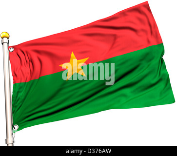 Burkina Faso drapeau sur un mât. Chemin de détourage inclus. La texture de la soie visible sur le drapeau à 100  %. Banque D'Images