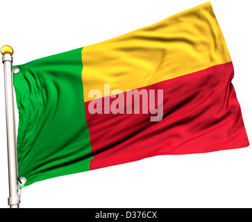 Bénin drapeau sur un mât. Chemin de détourage inclus. La texture de la soie visible sur le drapeau à 100  %. Banque D'Images