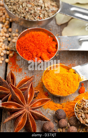 Diverses épices (origan, le curcuma, le paprika, l'anis en métal boules sur table en bois Banque D'Images