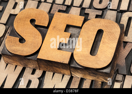 SEO (search engine optimization) sigle - texte en typographie vintage type de bois Banque D'Images