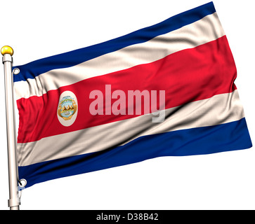 Costa Rica drapeau sur un mât. Chemin de détourage inclus. La texture de la soie visible sur le drapeau à 100  %. Banque D'Images